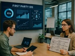 Modernes Büro mit digitalem Dashboard, zwei Marketing-Profis, die Notizen machen, und Skizzen zur First Party IDs Umsetzung