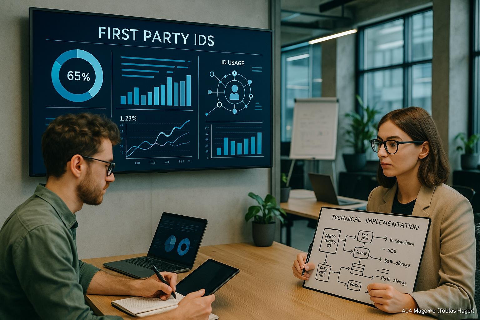 Modernes Büro mit digitalem Dashboard, zwei Marketing-Profis, die Notizen machen, und Skizzen zur First Party IDs Umsetzung