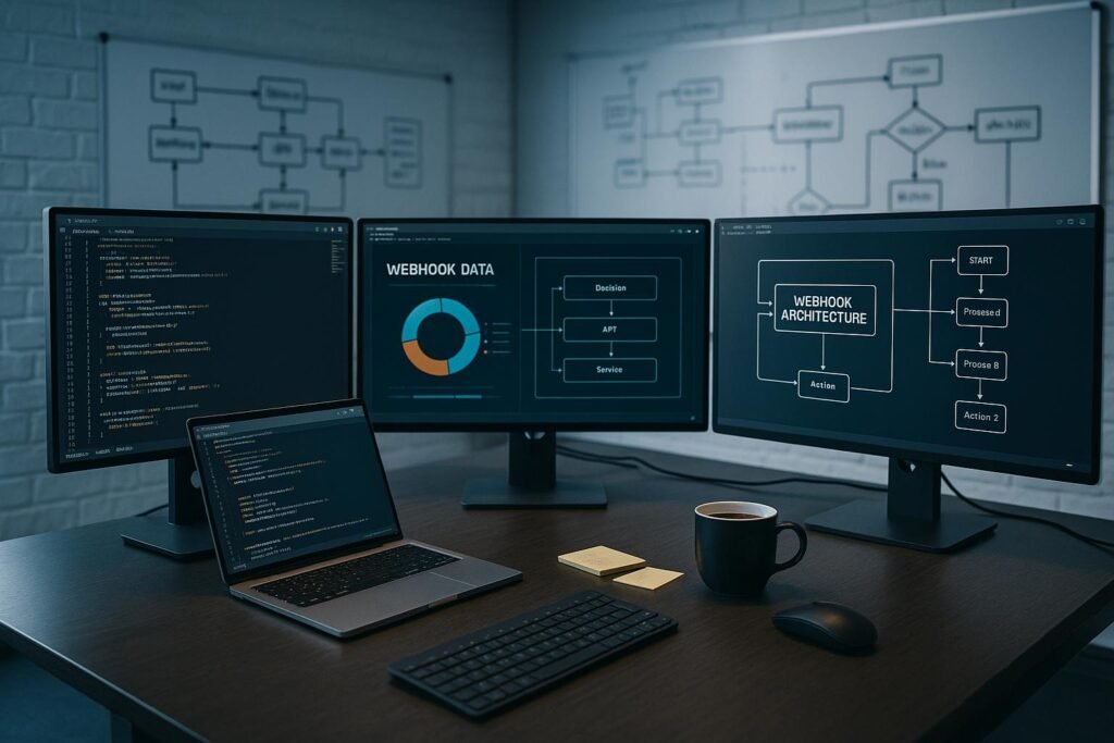 Moderne Entwickler-Workstation im Tech-Büro mit mehreren Monitoren, Whiteboards, Laptop, Kaffee und Notizzetteln