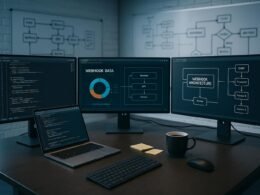 Moderne Entwickler-Workstation im Tech-Büro mit mehreren Monitoren, Whiteboards, Laptop, Kaffee und Notizzetteln