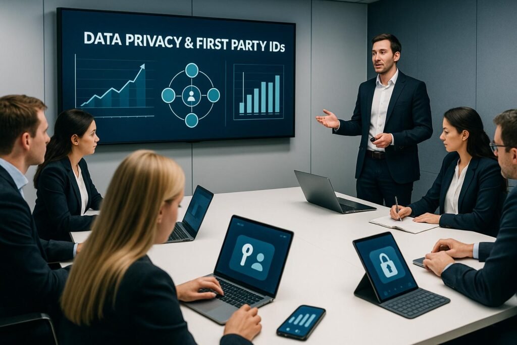 Geschäftsleute in Businesskleidung bei einer Präsentation über Datenschutz und First Party IDs in einem modernen Konferenzraum mit Bildschirmen und Datenvisualisierungen