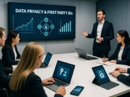 Geschäftsleute in Businesskleidung bei einer Präsentation über Datenschutz und First Party IDs in einem modernen Konferenzraum mit Bildschirmen und Datenvisualisierungen