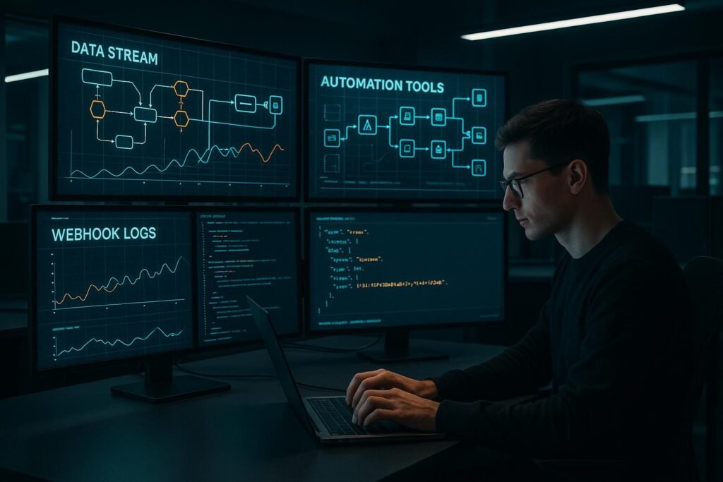Futuristisches Entwicklerbüro mit leuchtenden Codes, Diagrammen und API-Integrationen, im Vordergrund eine Person bei der Arbeit an einem Laptop