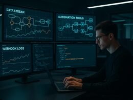 Futuristisches Entwicklerbüro mit leuchtenden Codes, Diagrammen und API-Integrationen, im Vordergrund eine Person bei der Arbeit an einem Laptop