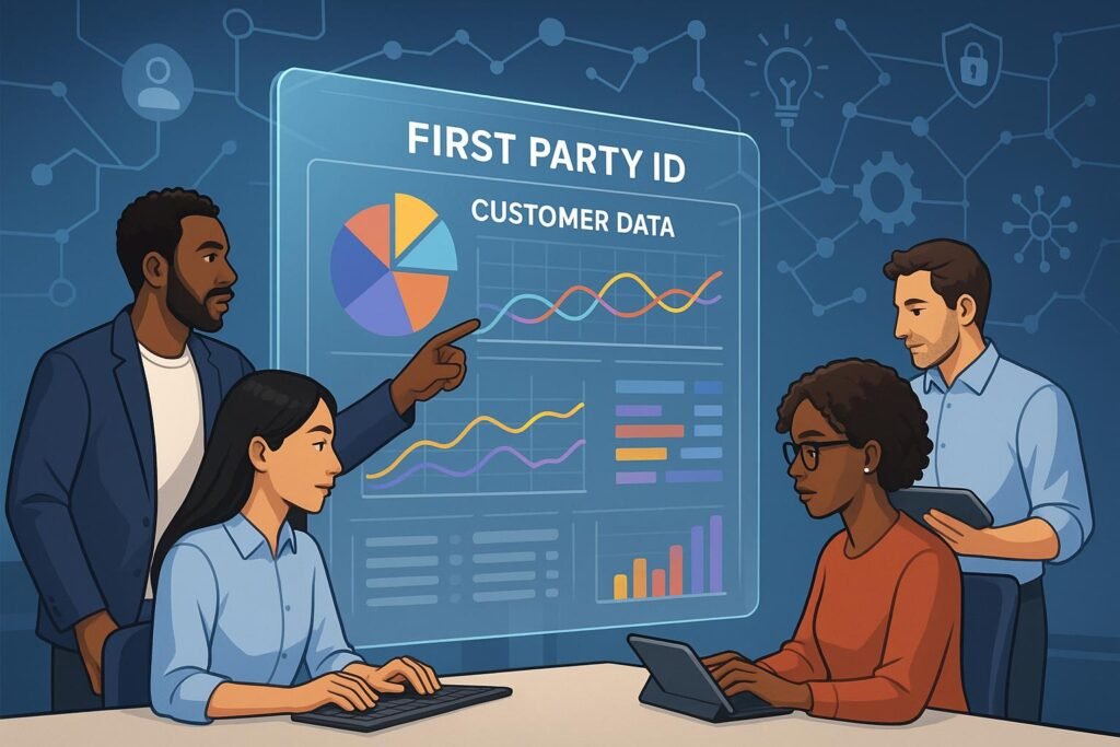 Moderne digitale Arbeitsumgebung mit Touchscreen, Dashboard und Marketing-Profis, die Daten zu First Party IDs analysieren, im Hintergrund Symbole für Sicherheit und Innovation, Credit: 404 Magazine (Tobias Hager).