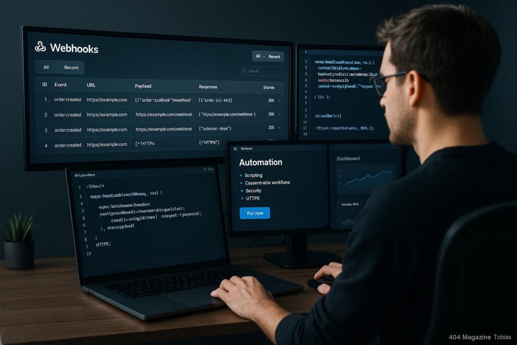 Moderner Arbeitsplatz eines Entwicklers mit mehreren Bildschirmen, die Webhook-Daten, Code und Automatisierungstools zeigen, mit Sicherheitssymbolen wie HMAC und HTTPS.
