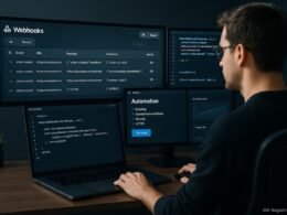 Moderner Arbeitsplatz eines Entwicklers mit mehreren Bildschirmen, die Webhook-Daten, Code und Automatisierungstools zeigen, mit Sicherheitssymbolen wie HMAC und HTTPS.