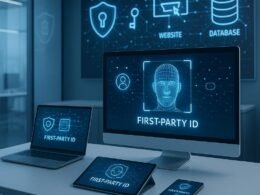 Modernes High-Tech Büro mit digitalen Geräten, Datenvisualisierungen und Datenschutzsymbolen, das digitale Nutzererkennung und Sicherheit zeigt.