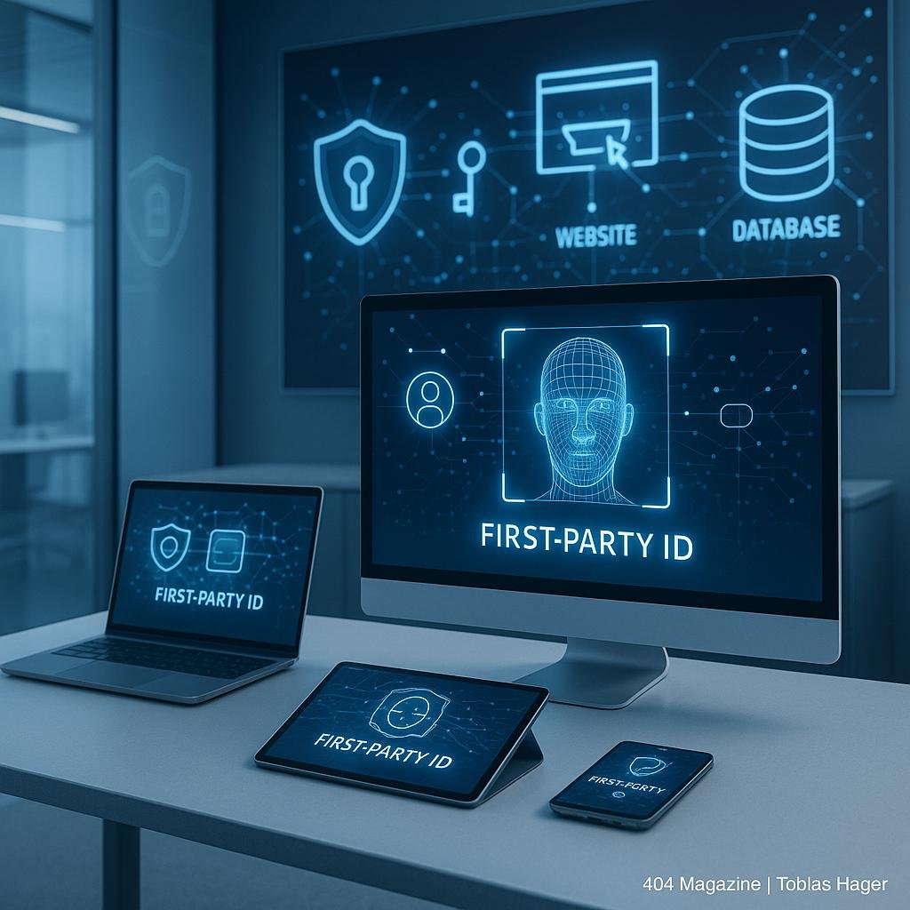 Modernes High-Tech Büro mit digitalen Geräten, Datenvisualisierungen und Datenschutzsymbolen, das digitale Nutzererkennung und Sicherheit zeigt.