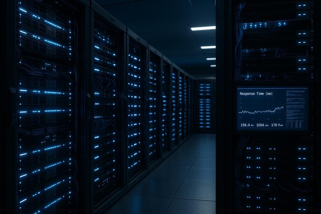 Innenaufnahme eines modernen Rechenzentrums mit blauen LED-Lichtern, geordneten Kabeln und Bildschirmen mit Netzwerkmessungen