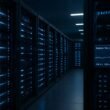 Innenaufnahme eines modernen Rechenzentrums mit blauen LED-Lichtern, geordneten Kabeln und Bildschirmen mit Netzwerkmessungen
