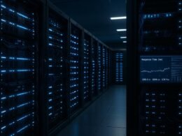 Innenaufnahme eines modernen Rechenzentrums mit blauen LED-Lichtern, geordneten Kabeln und Bildschirmen mit Netzwerkmessungen