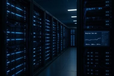 Innenaufnahme eines modernen Rechenzentrums mit blauen LED-Lichtern, geordneten Kabeln und Bildschirmen mit Netzwerkmessungen