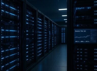 Innenaufnahme eines modernen Rechenzentrums mit blauen LED-Lichtern, geordneten Kabeln und Bildschirmen mit Netzwerkmessungen