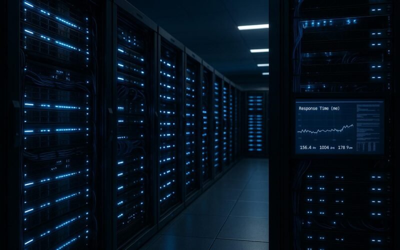 Innenaufnahme eines modernen Rechenzentrums mit blauen LED-Lichtern, geordneten Kabeln und Bildschirmen mit Netzwerkmessungen
