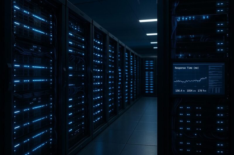 Innenaufnahme eines modernen Rechenzentrums mit blauen LED-Lichtern, geordneten Kabeln und Bildschirmen mit Netzwerkmessungen