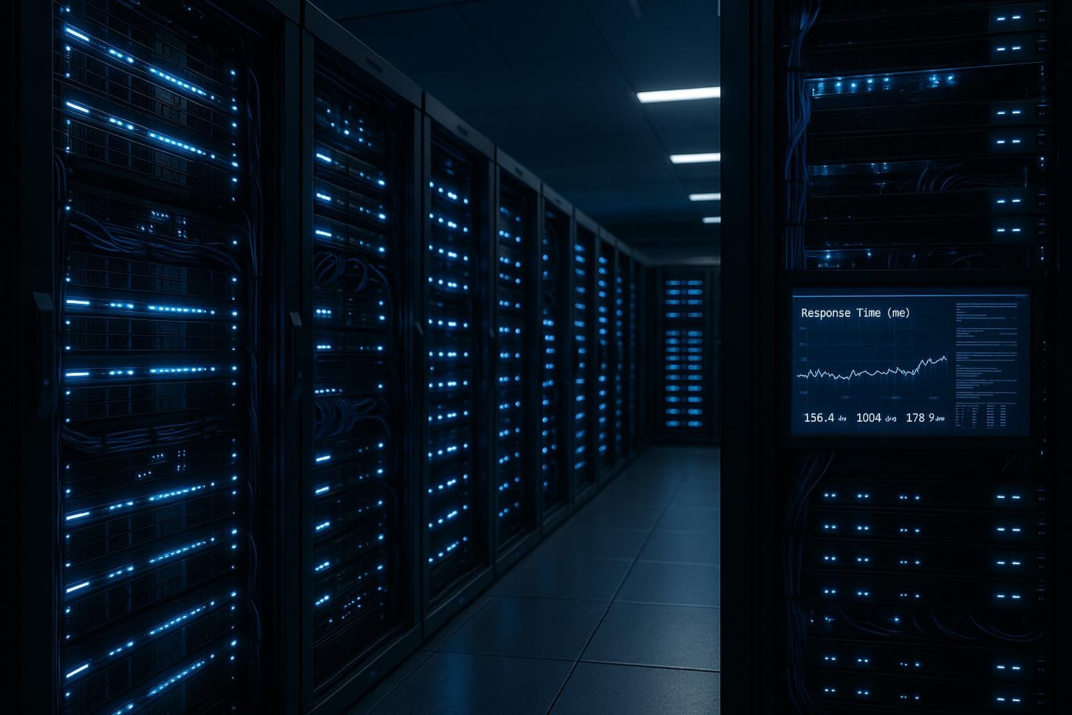 Innenaufnahme eines modernen Rechenzentrums mit blauen LED-Lichtern, geordneten Kabeln und Bildschirmen mit Netzwerkmessungen