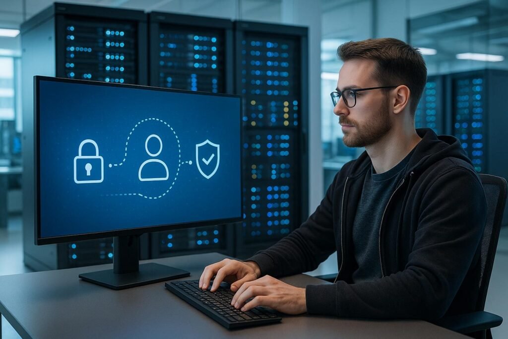 IT-Fachkraft vor einem großen Bildschirm mit digitaler Nutzerspur, umgeben von Serverracks mit LED-Anzeigen in einem modernen Technikraum
