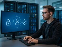 IT-Fachkraft vor einem großen Bildschirm mit digitaler Nutzerspur, umgeben von Serverracks mit LED-Anzeigen in einem modernen Technikraum