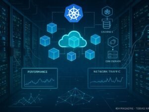 Modernes Cloud-Rechenzentrum mit Containern, Server-Racks, Netzwerkstatusanzeigen und holographischen Performance-Diagrammen, präsentiert von Tobias Hager, 404 Magazine