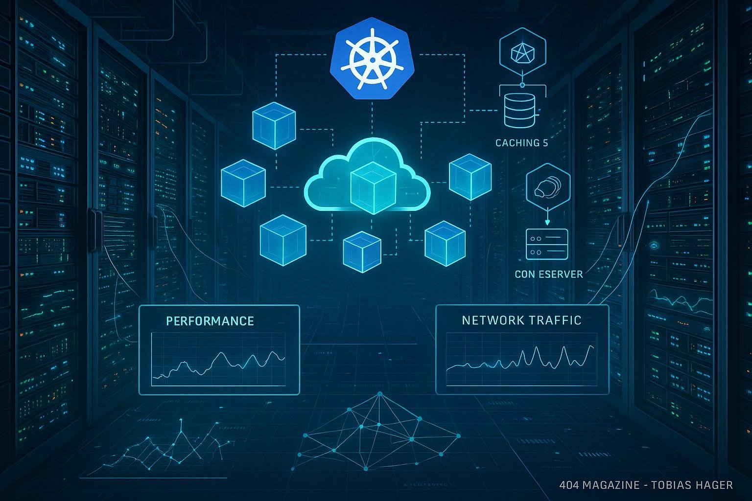 Modernes Cloud-Rechenzentrum mit Containern, Server-Racks, Netzwerkstatusanzeigen und holographischen Performance-Diagrammen, präsentiert von Tobias Hager, 404 Magazine