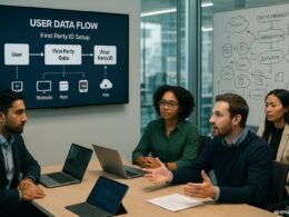 Moderne Bürolandschaft mit digitalem Flussdiagramm, Team diskutiert Strategien, Whiteboard mit Diagrammen, Stadtblick im Hintergrund, Bild von Tobias Hager für 404 Magazine