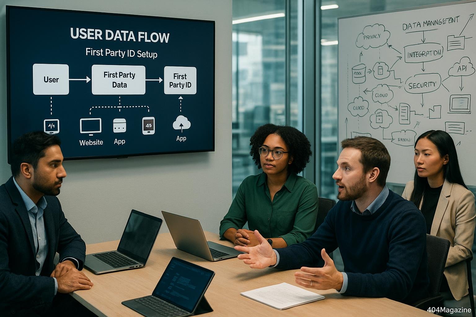 Moderne Bürolandschaft mit digitalem Flussdiagramm, Team diskutiert Strategien, Whiteboard mit Diagrammen, Stadtblick im Hintergrund, Bild von Tobias Hager für 404 Magazine