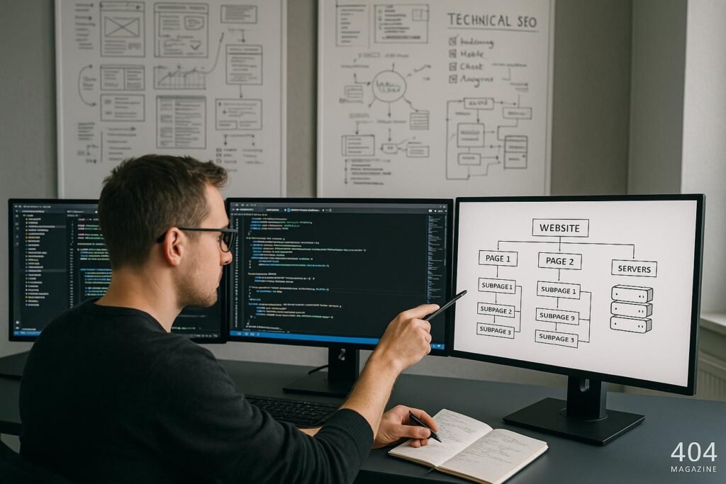 Entwickler im modernen Büro mit Monitoren, Code-Editoren, technischen Diagrammen und Whiteboards, die die Website-Architektur und SEO-Dokumentation zeigen