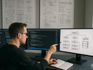 Entwickler im modernen Büro mit Monitoren, Code-Editoren, technischen Diagrammen und Whiteboards, die die Website-Architektur und SEO-Dokumentation zeigen