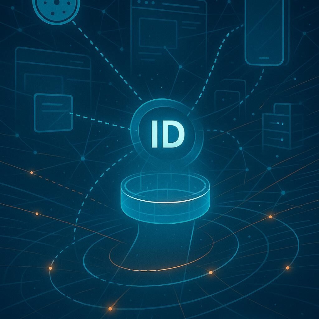 Futuristisches Digitalmarketing-Display mit leuchtender Nutzer-ID als holographischer Armreif, verbunden mit Geräten, Webseiten und Servern, betont Datenschutz und Kontrolle.