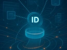 Futuristisches Digitalmarketing-Display mit leuchtender Nutzer-ID als holographischer Armreif, verbunden mit Geräten, Webseiten und Servern, betont Datenschutz und Kontrolle.