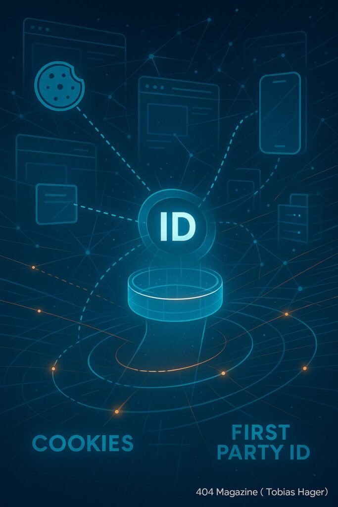 Futuristisches Digitalmarketing-Display mit leuchtender Nutzer-ID als holographischer Armreif, verbunden mit Geräten, Webseiten und Servern, betont Datenschutz und Kontrolle.