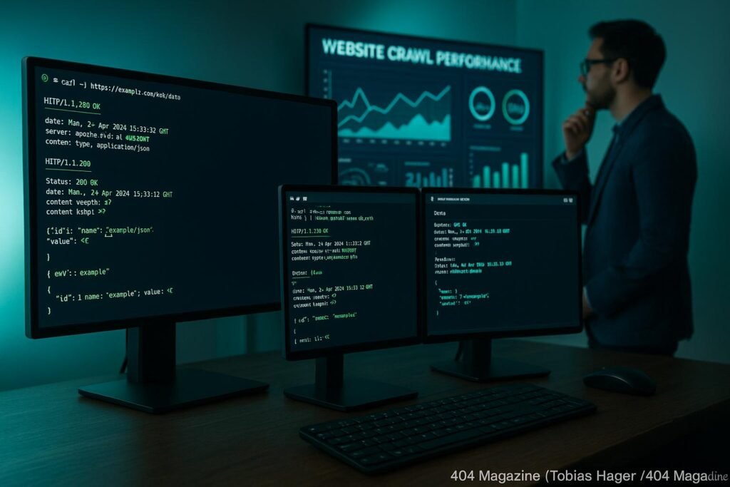 Moderner digitaler Arbeitsplatz mit Dual-Monitor, Code-Editoren, Netzwerkanalyse und einer Person, die Website-Performance-Daten analysiert, mit blauen und grünen Akzenten, die High-Tech-Innovation symbolisieren.