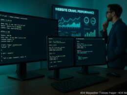 Moderner digitaler Arbeitsplatz mit Dual-Monitor, Code-Editoren, Netzwerkanalyse und einer Person, die Website-Performance-Daten analysiert, mit blauen und grünen Akzenten, die High-Tech-Innovation symbolisieren.