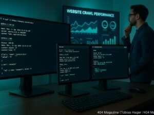 Moderner digitaler Arbeitsplatz mit Dual-Monitor, Code-Editoren, Netzwerkanalyse und einer Person, die Website-Performance-Daten analysiert, mit blauen und grünen Akzenten, die High-Tech-Innovation symbolisieren.