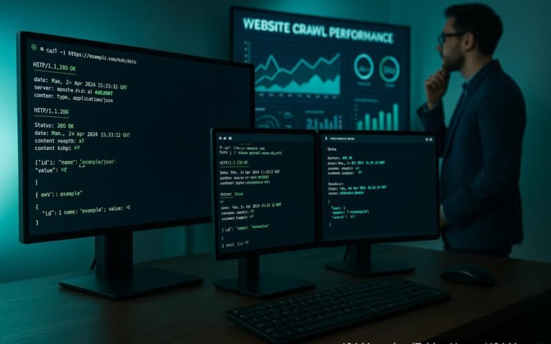 Moderner digitaler Arbeitsplatz mit Dual-Monitor, Code-Editoren, Netzwerkanalyse und einer Person, die Website-Performance-Daten analysiert, mit blauen und grünen Akzenten, die High-Tech-Innovation symbolisieren.