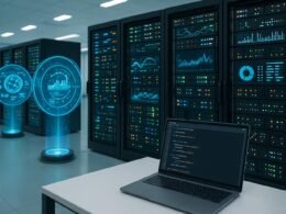 Moderne Server in einem hell erleuchteten Rechenzentrum, Displays und holographische Datenvisualisierungen mit einem Computer im Vordergrund