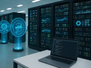 Moderne Server in einem hell erleuchteten Rechenzentrum, Displays und holographische Datenvisualisierungen mit einem Computer im Vordergrund