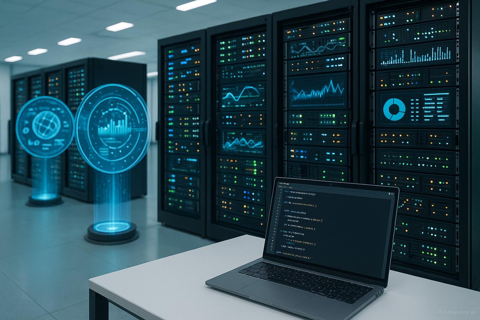 Moderne Server in einem hell erleuchteten Rechenzentrum, Displays und holographische Datenvisualisierungen mit einem Computer im Vordergrund