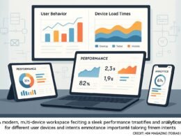 Moderner Arbeitsplatz mit mehreren Geräten, die Leistungskennzahlen und Analytics-Dashboards anzeigen, im Hintergrund große Bildschirm mit Grafiken, Betont die Bedeutung von Web-Performance-Strategien für unterschiedliche Geräte, Crédit: 404 Magazine (Tobias Hager)
