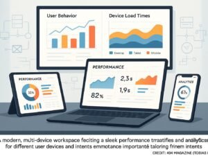 Moderner Arbeitsplatz mit mehreren Geräten, die Leistungskennzahlen und Analytics-Dashboards anzeigen, im Hintergrund große Bildschirm mit Grafiken, Betont die Bedeutung von Web-Performance-Strategien für unterschiedliche Geräte, Crédit: 404 Magazine (Tobias Hager)