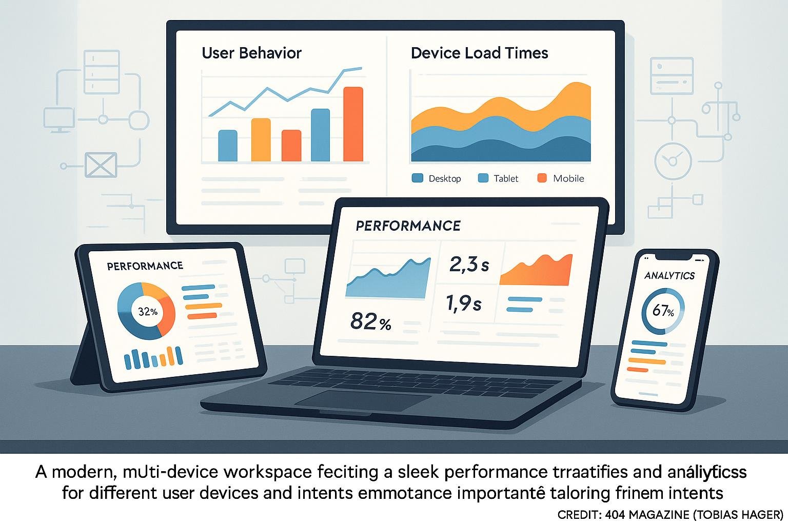 Moderner Arbeitsplatz mit mehreren Geräten, die Leistungskennzahlen und Analytics-Dashboards anzeigen, im Hintergrund große Bildschirm mit Grafiken, Betont die Bedeutung von Web-Performance-Strategien für unterschiedliche Geräte, Crédit: 404 Magazine (Tobias Hager)