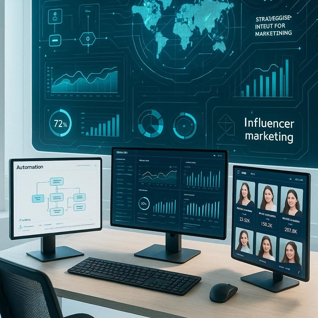Moderner Büroarbeitsplatz mit Monitoren, Datenvisualisierungen, Dashboard-Widgets und KI-Algorithmen im Hintergrund, visualisiert den Einsatz von Automatisierung im Influencer-Marketing
