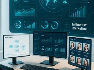 Moderner Büroarbeitsplatz mit Monitoren, Datenvisualisierungen, Dashboard-Widgets und KI-Algorithmen im Hintergrund, visualisiert den Einsatz von Automatisierung im Influencer-Marketing