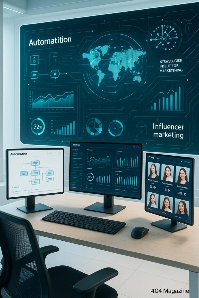 Moderner Büroarbeitsplatz mit Monitoren, Datenvisualisierungen, Dashboard-Widgets und KI-Algorithmen im Hintergrund, visualisiert den Einsatz von Automatisierung im Influencer-Marketing