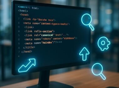 Nahaufnahme eines Computerbildschirms mit HTML-Code und hervorgehobenen SEO-Tags, umgeben von holografischen SEO-Icons in einem modernen Büroambiente
