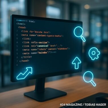 Nahaufnahme eines Computerbildschirms mit HTML-Code und hervorgehobenen SEO-Tags, umgeben von holografischen SEO-Icons in einem modernen Büroambiente