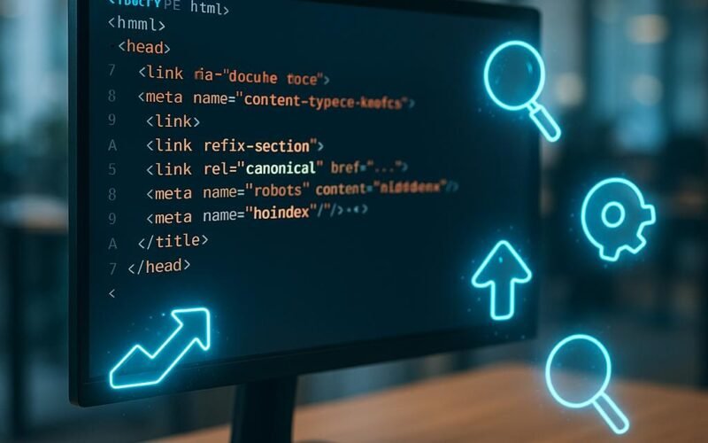 Nahaufnahme eines Computerbildschirms mit HTML-Code und hervorgehobenen SEO-Tags, umgeben von holografischen SEO-Icons in einem modernen Büroambiente