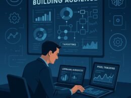 Modernes Arbeitsumfeld mit digitalem Bildschirm, Chart-Diagrammen und einem Profi-Marketer, der Daten auf Laptop und Tablet überprüft, um Zielgruppenstrategie zu optimieren.