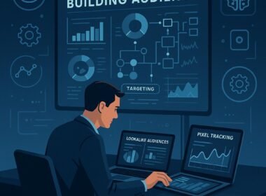 Modernes Arbeitsumfeld mit digitalem Bildschirm, Chart-Diagrammen und einem Profi-Marketer, der Daten auf Laptop und Tablet überprüft, um Zielgruppenstrategie zu optimieren.